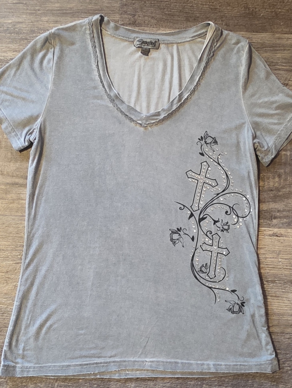 Embellished Gray V-Neck Tee with Cross Motif